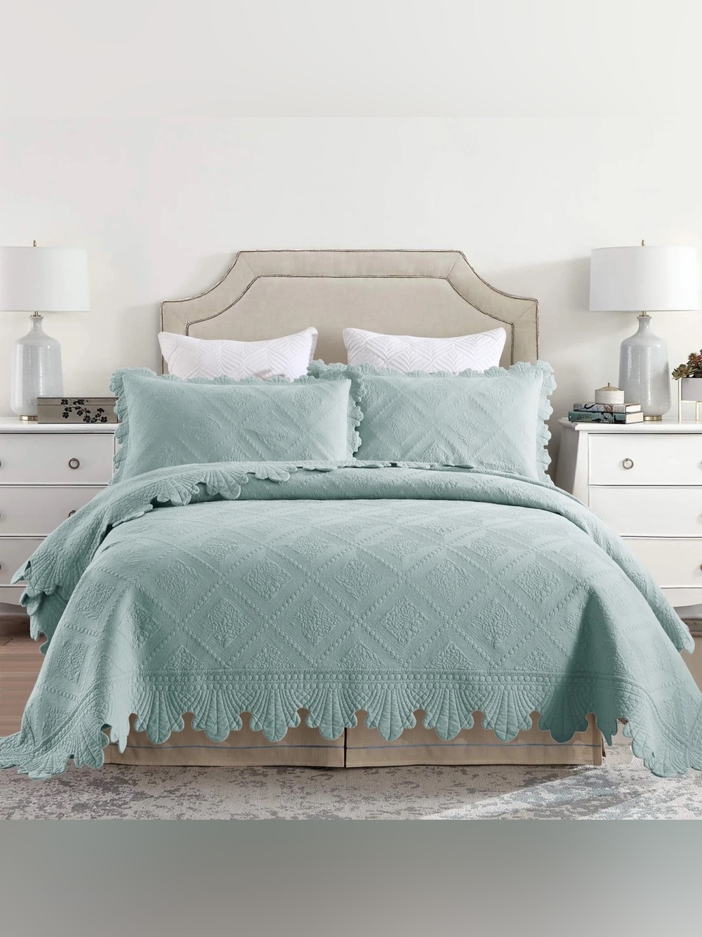 Light Blue Quilted Cotton king 3 piece Bedspread Set with Scalloped Edging
